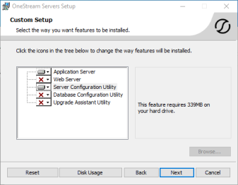 Custom Setup dialog box with Application Server and Server Configuration Utility set to Will be installed on local hard drive